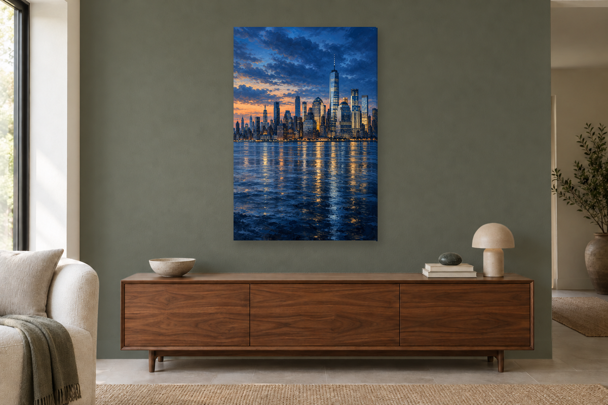 New York Blue in a living room — interior mockup with the complete original artwork