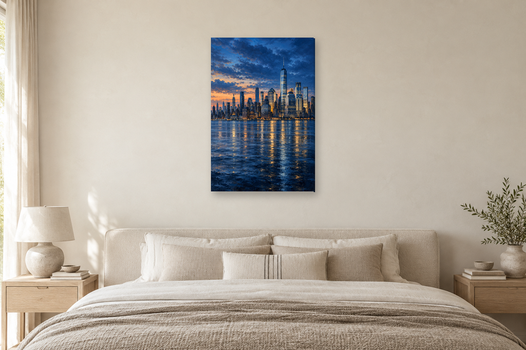 New York Blue in a bedroom — interior mockup with the complete original artwork