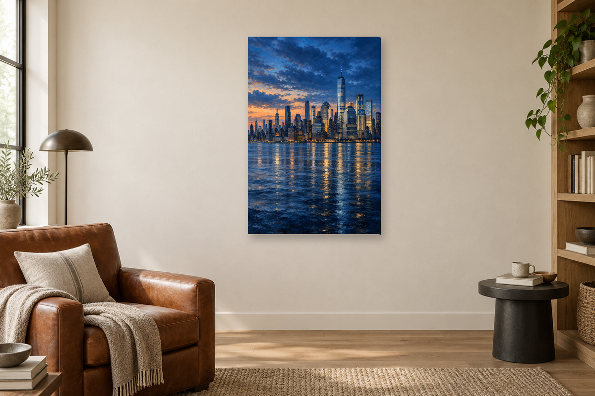 New York Blue in a reading corner — interior mockup with the complete original artwork