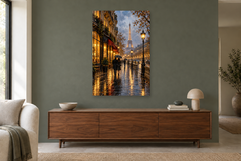 Paris Rain in a living room — interior mockup with the complete original artwork