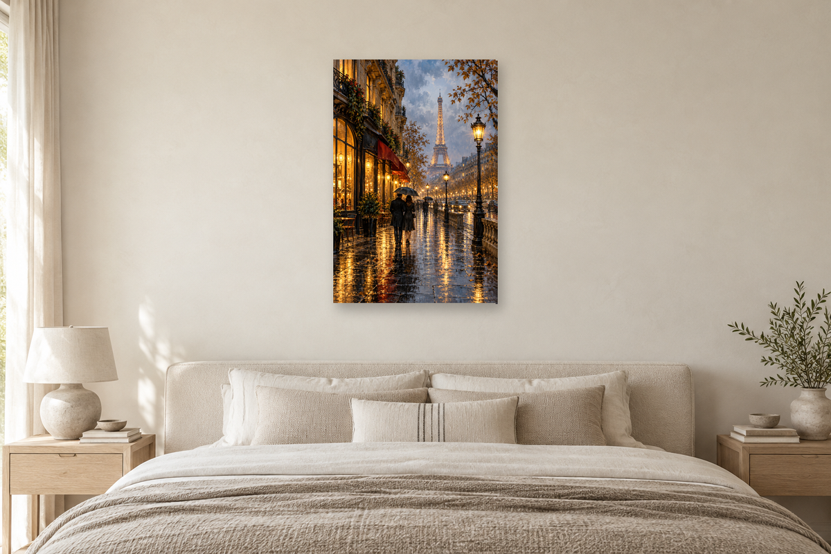 Paris Rain in a bedroom — interior mockup with the complete original artwork