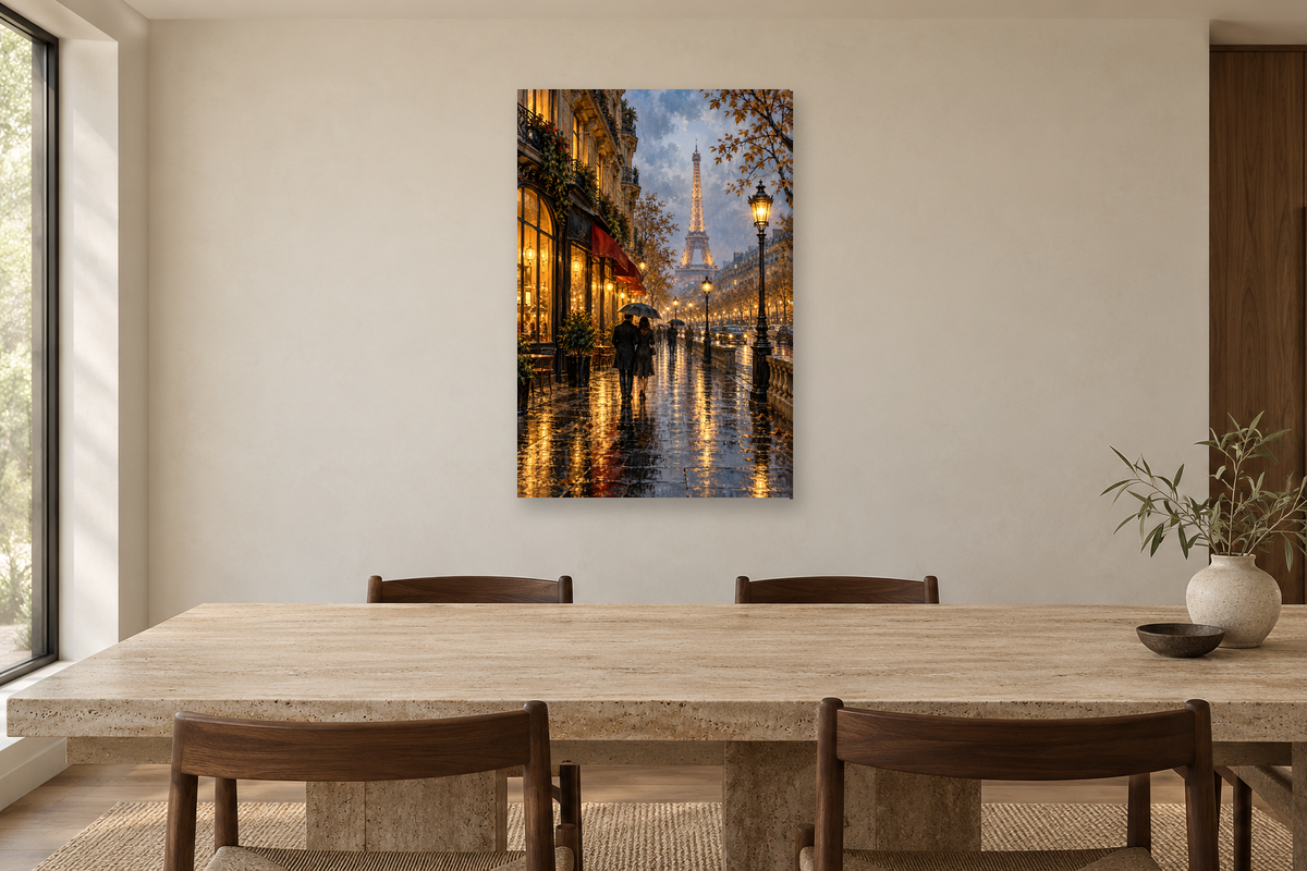 Paris Rain in a dining room — interior mockup with the complete original artwork