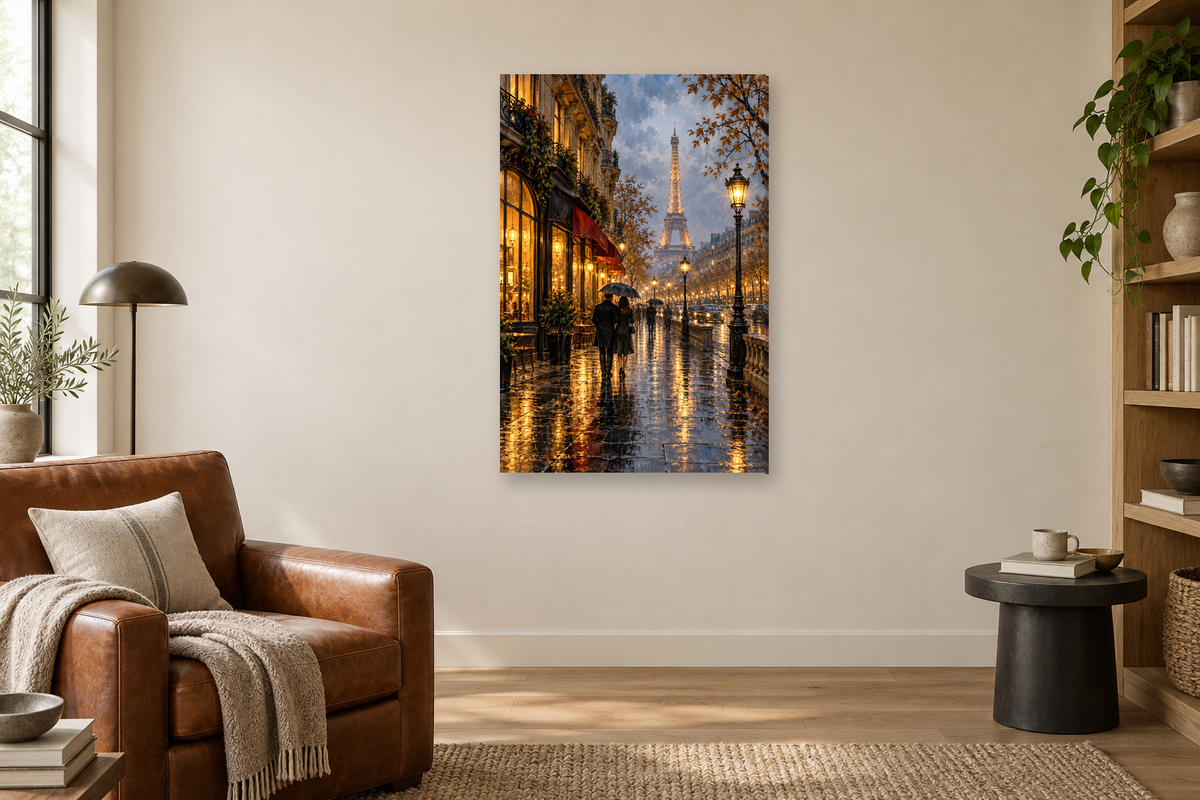 Paris Rain in a reading corner — interior mockup with the complete original artwork