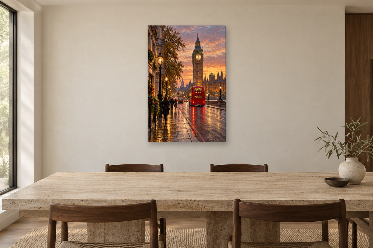 London Evening in a dining room — interior mockup with the complete original artwork
