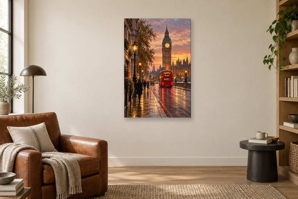 London Evening in a reading corner — interior mockup with the complete original artwork
