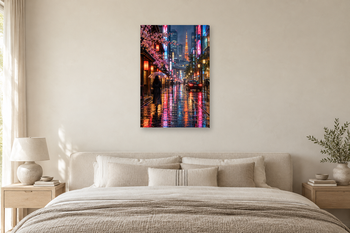 Tokyo Glow in a bedroom — interior mockup with the complete original artwork