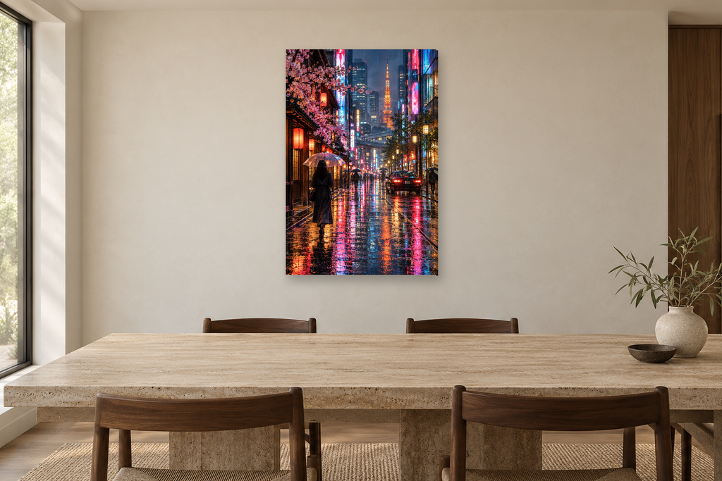 Tokyo Glow in a dining room — interior mockup with the complete original artwork