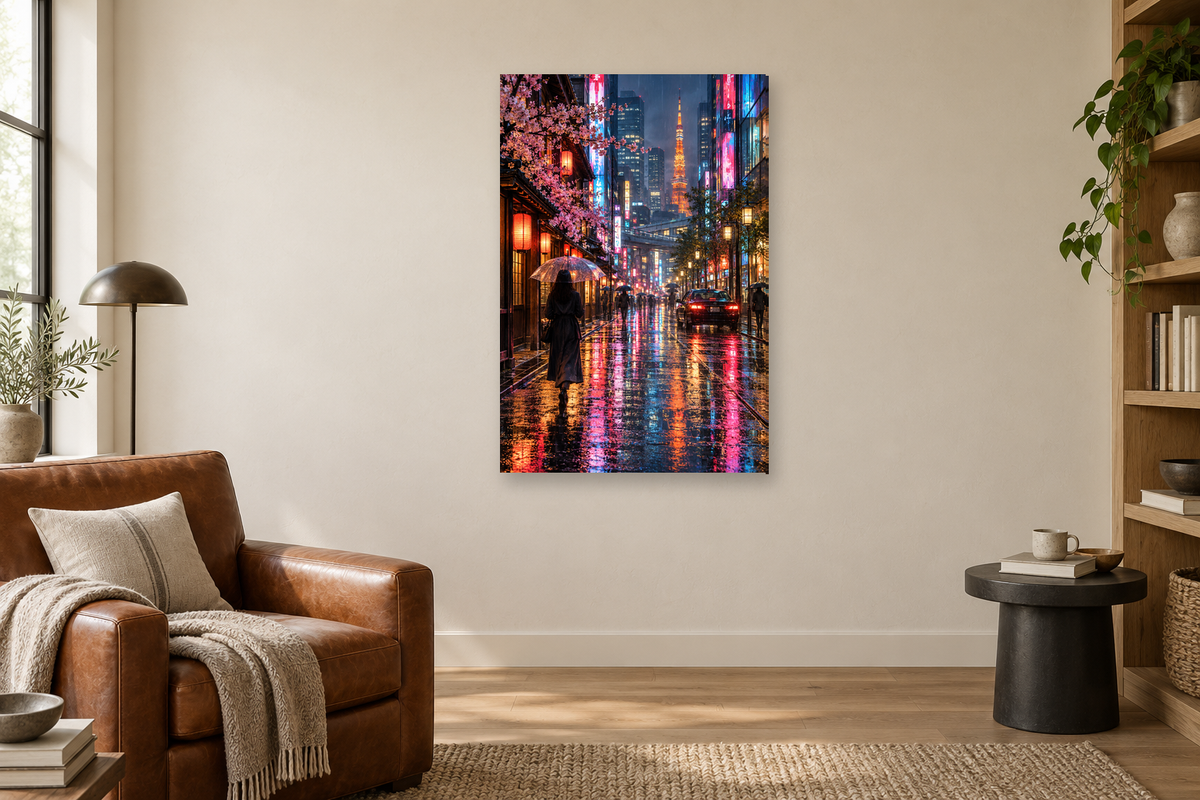 Tokyo Glow in a reading corner — interior mockup with the complete original artwork