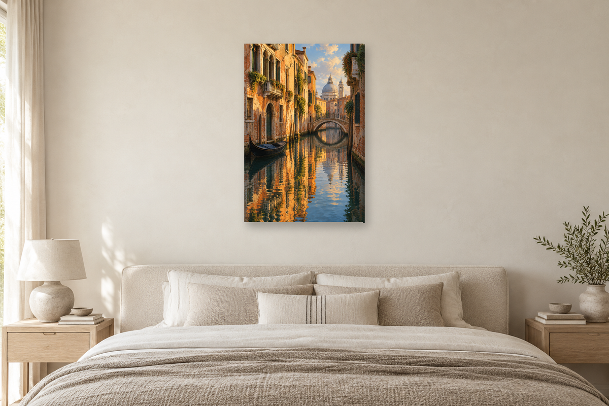 Venice Reflection in a bedroom — interior mockup with the complete original artwork