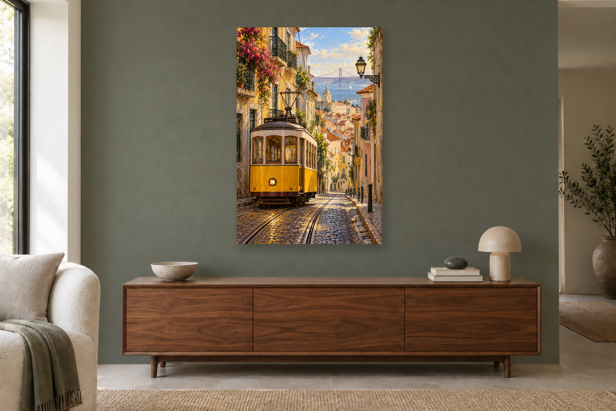 Lisbon Tram in a living room — interior mockup with the complete original artwork