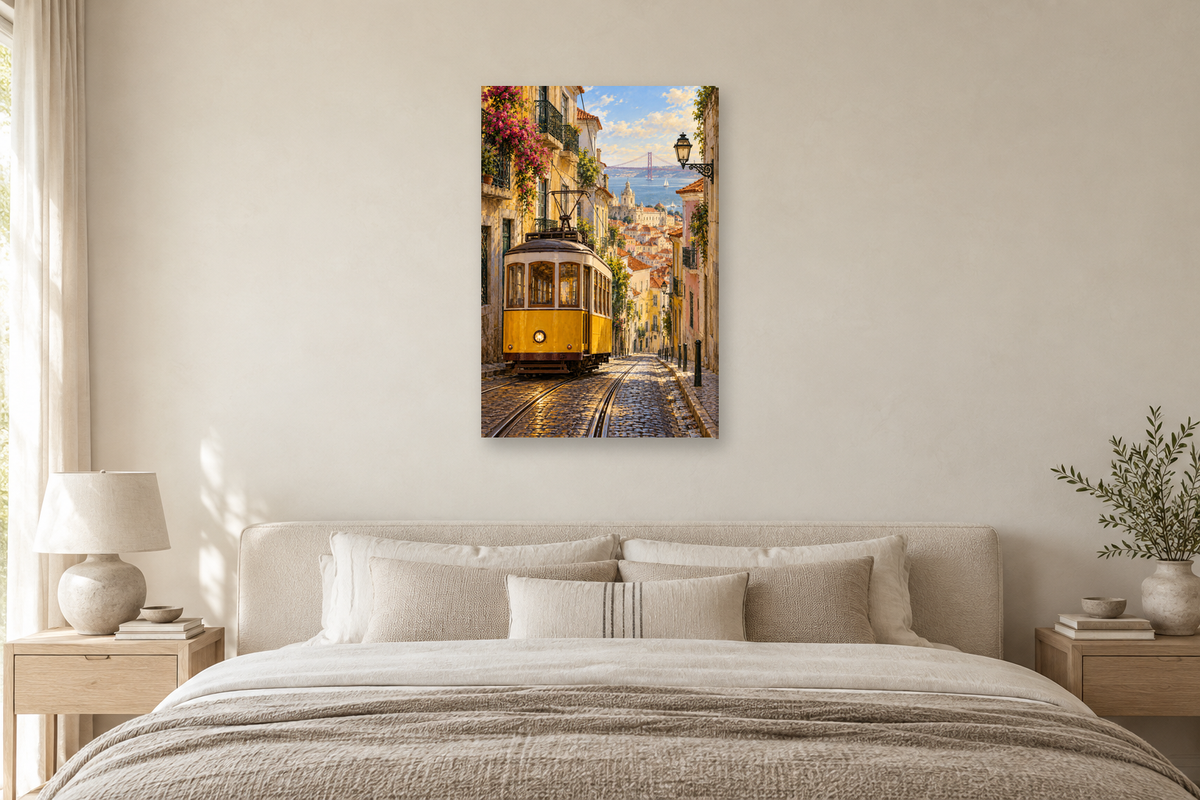 Lisbon Tram in a bedroom — interior mockup with the complete original artwork