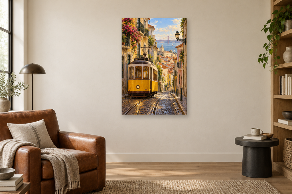 Lisbon Tram in a reading corner — interior mockup with the complete original artwork