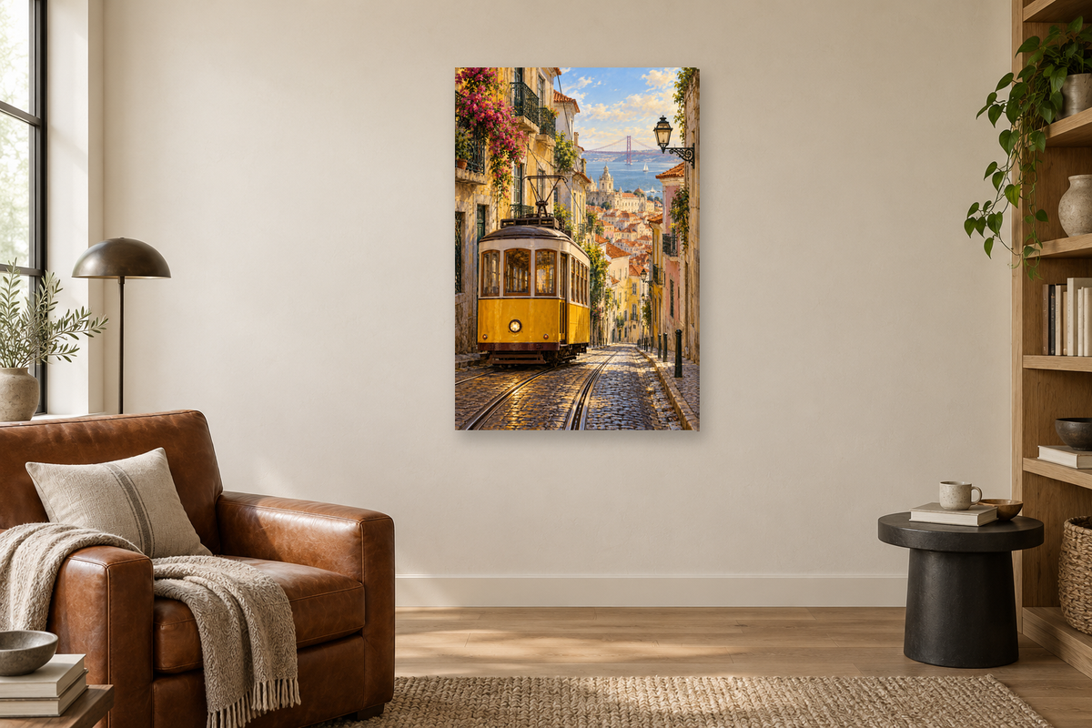 Lisbon Tram in a reading corner — interior mockup with the complete original artwork