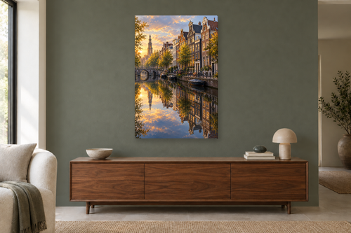 Amsterdam Canal in a living room — interior mockup with the complete original artwork