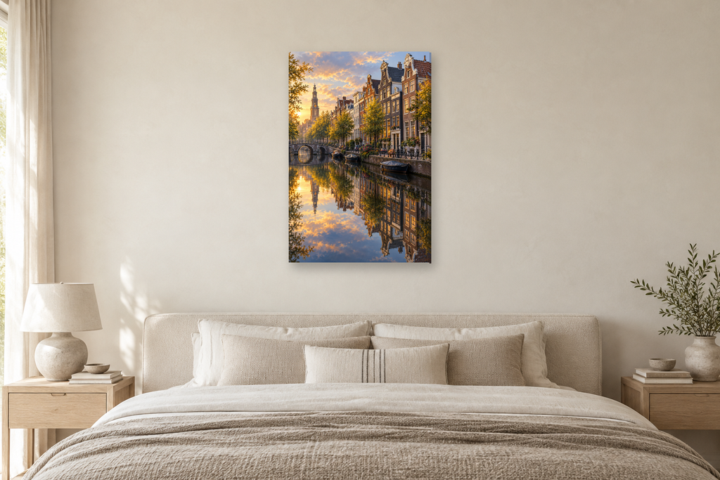 Amsterdam Canal in a bedroom — interior mockup with the complete original artwork