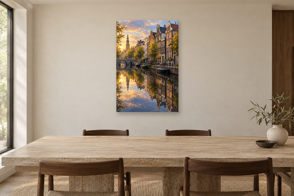 Amsterdam Canal in a dining room — interior mockup with the complete original artwork