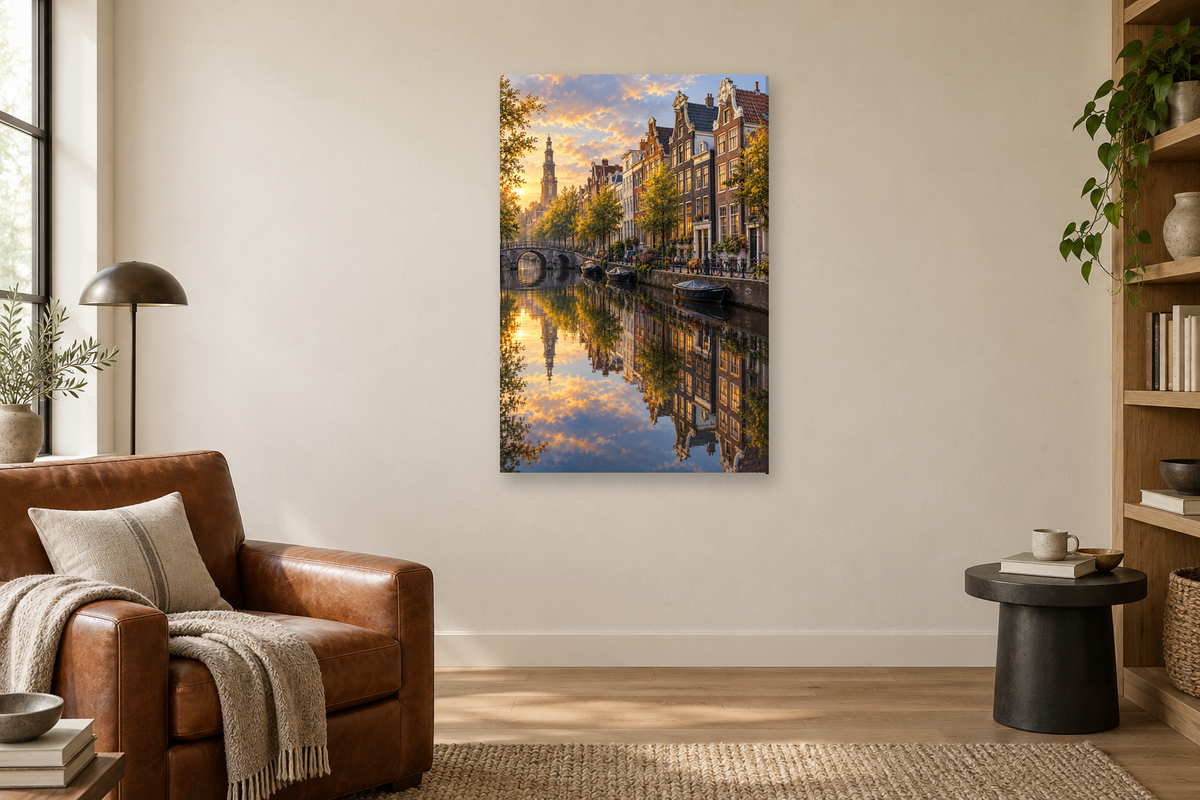 Amsterdam Canal in a reading corner — interior mockup with the complete original artwork