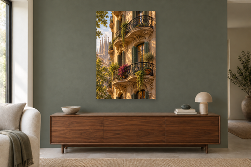 Barcelona Balcony in a living room — interior mockup with the complete original artwork