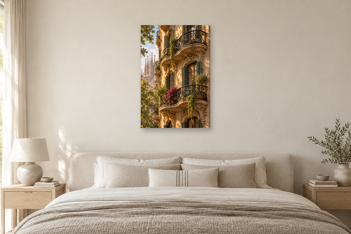 Barcelona Balcony in a bedroom — interior mockup with the complete original artwork
