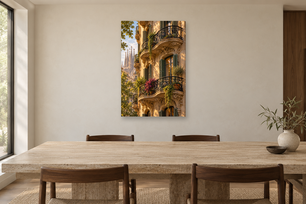 Barcelona Balcony in a dining room — interior mockup with the complete original artwork
