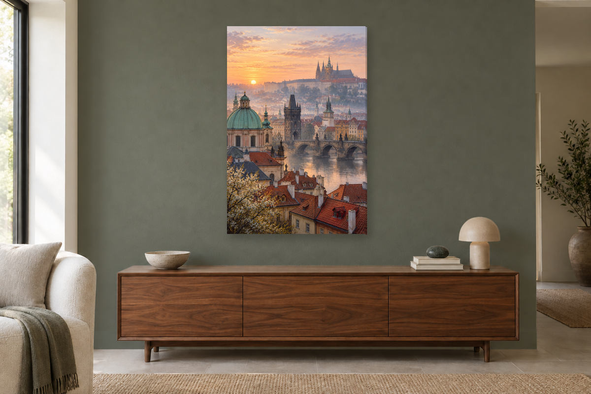 Prague Morning in a living room — interior mockup with the complete original artwork
