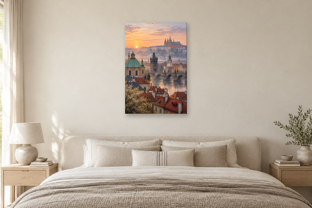 Prague Morning in a bedroom — interior mockup with the complete original artwork