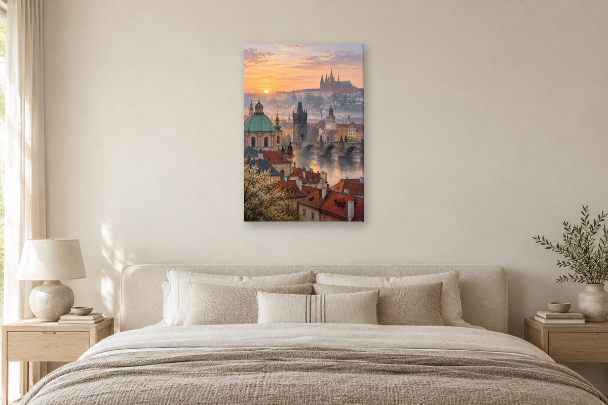 Prague Morning in a bedroom — interior mockup with the complete original artwork