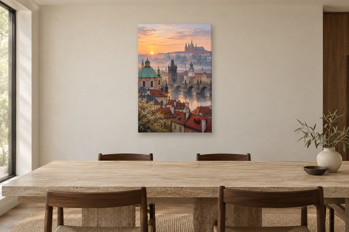 Prague Morning in a dining room — interior mockup with the complete original artwork