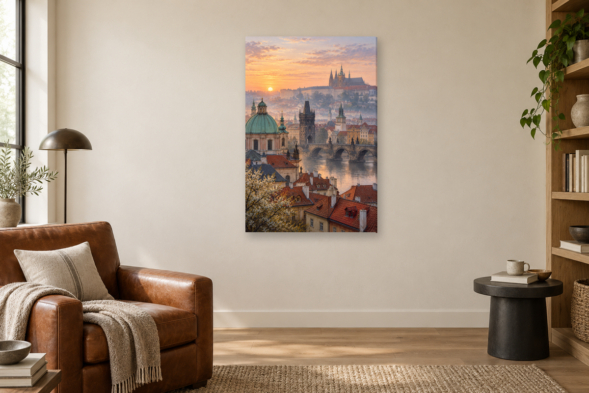 Prague Morning in a reading corner — interior mockup with the complete original artwork