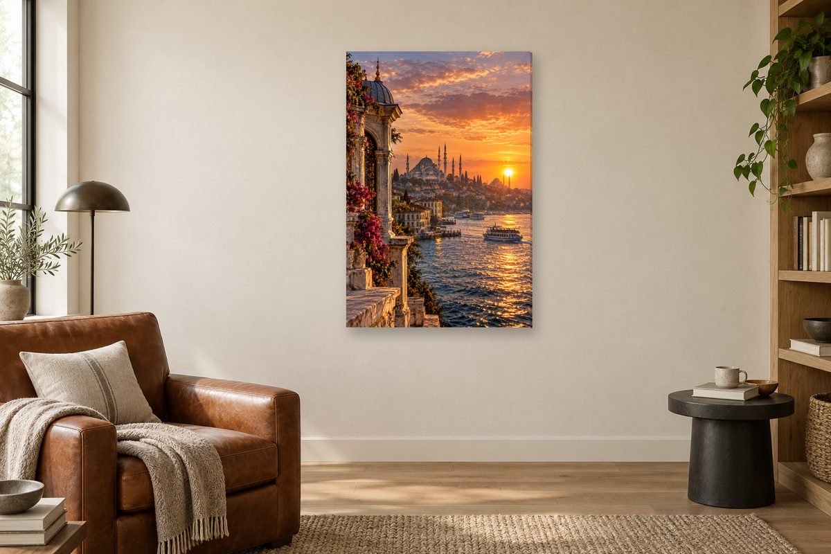 Istanbul Light in a reading corner — interior mockup with the complete original artwork