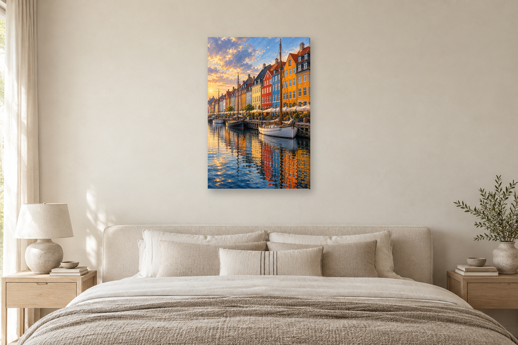 Copenhagen Colour in a bedroom — interior mockup with the complete original artwork
