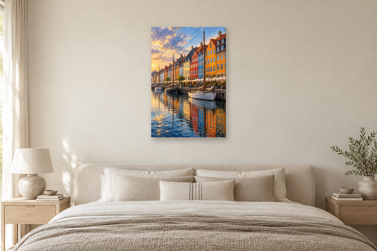 Copenhagen Colour in a bedroom — interior mockup with the complete original artwork