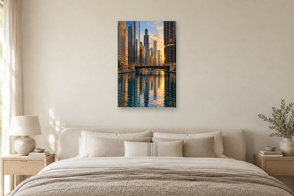 Chicago Lines in a bedroom — interior mockup with the complete original artwork