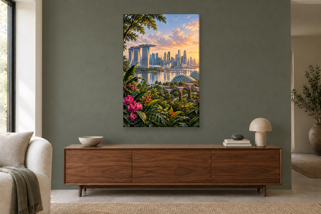 Singapore Garden in a living room — interior mockup with the complete original artwork