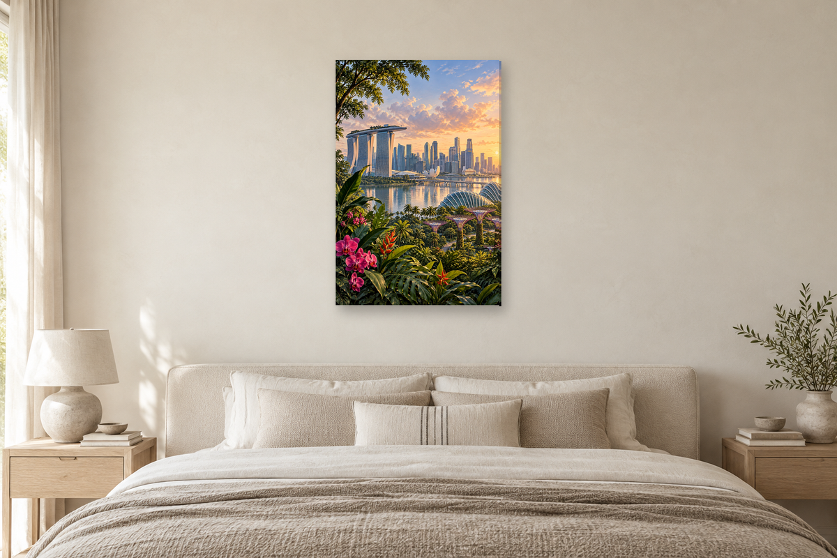 Singapore Garden in a bedroom — interior mockup with the complete original artwork