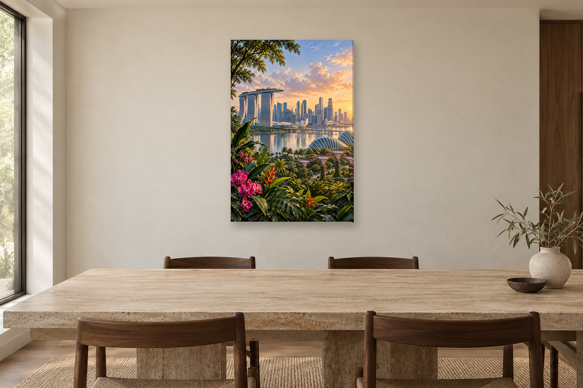 Singapore Garden in a dining room — interior mockup with the complete original artwork
