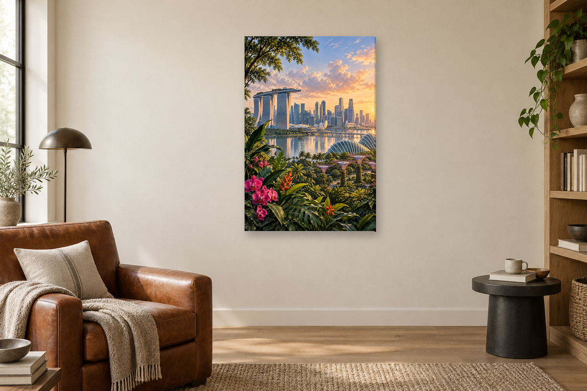 Singapore Garden in a reading corner — interior mockup with the complete original artwork