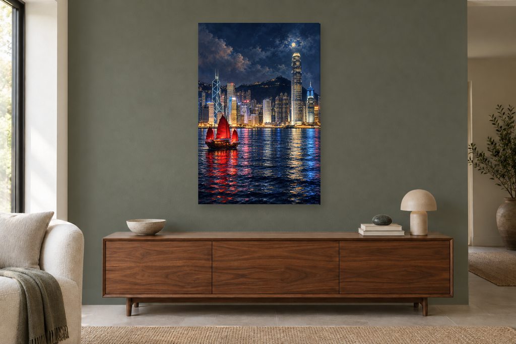 Hong Kong Night in a living room — interior mockup with the complete original artwork