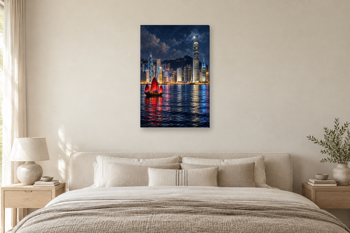 Hong Kong Night in a bedroom — interior mockup with the complete original artwork