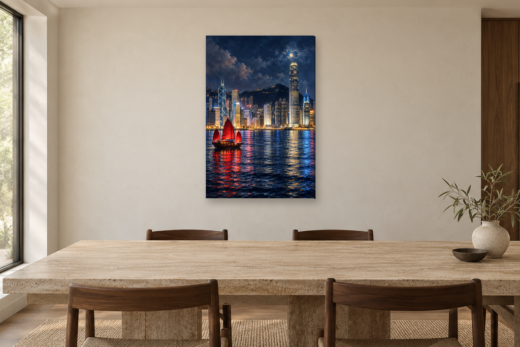 Hong Kong Night in a dining room — interior mockup with the complete original artwork