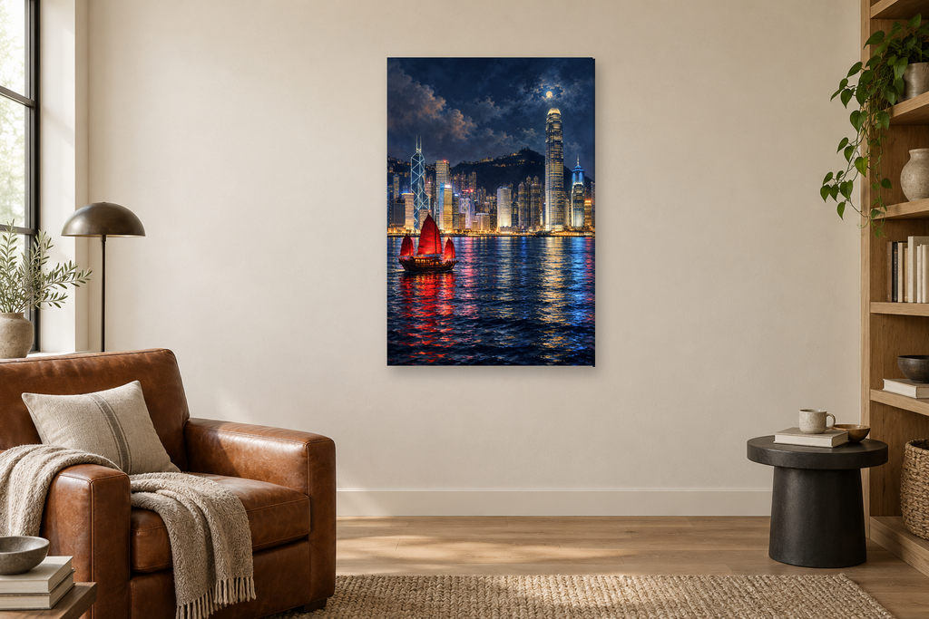 Hong Kong Night in a reading corner — interior mockup with the complete original artwork