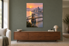 Budapest Dawn in a living room — interior mockup with the complete original artwork