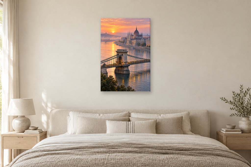 Budapest Dawn in a bedroom — interior mockup with the complete original artwork