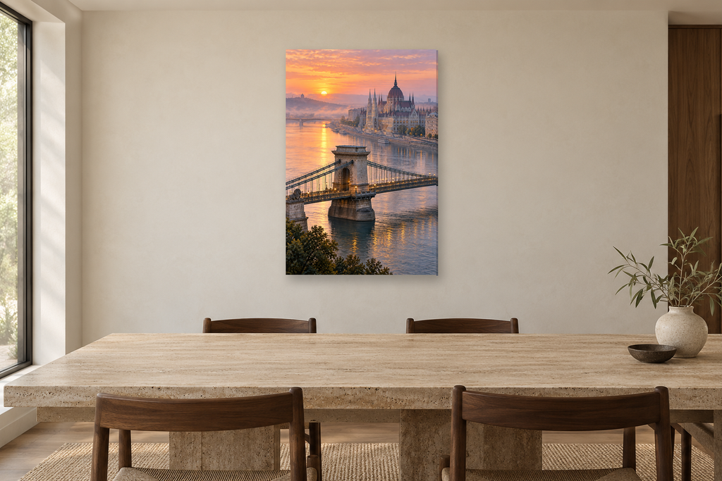 Budapest Dawn in a dining room — interior mockup with the complete original artwork