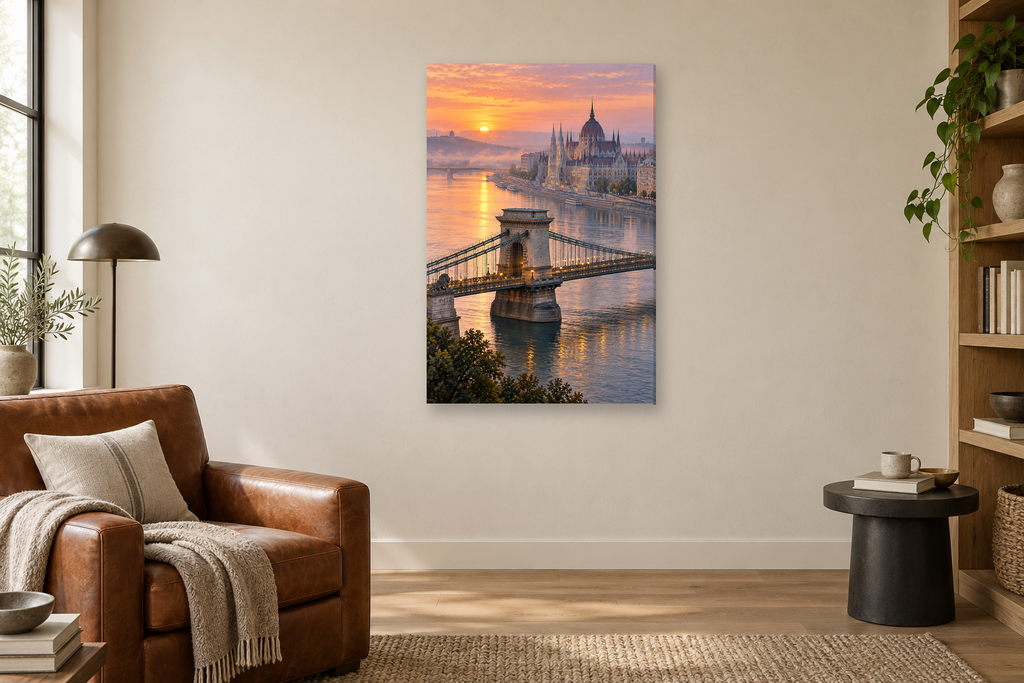 Budapest Dawn in a reading corner — interior mockup with the complete original artwork