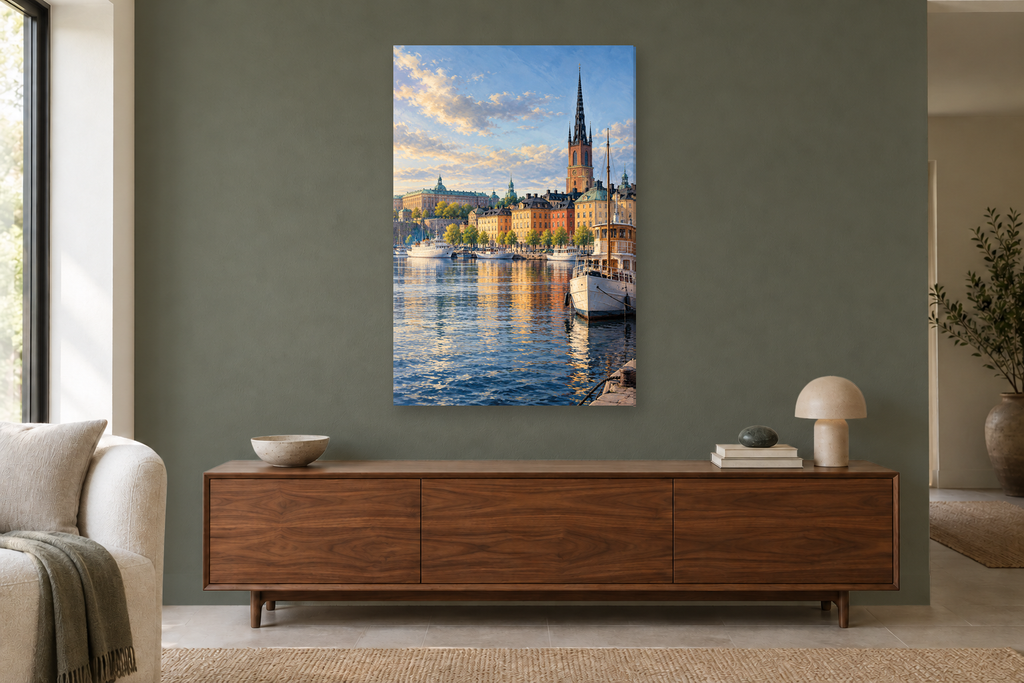 Stockholm Harbour in a living room — interior mockup with the complete original artwork