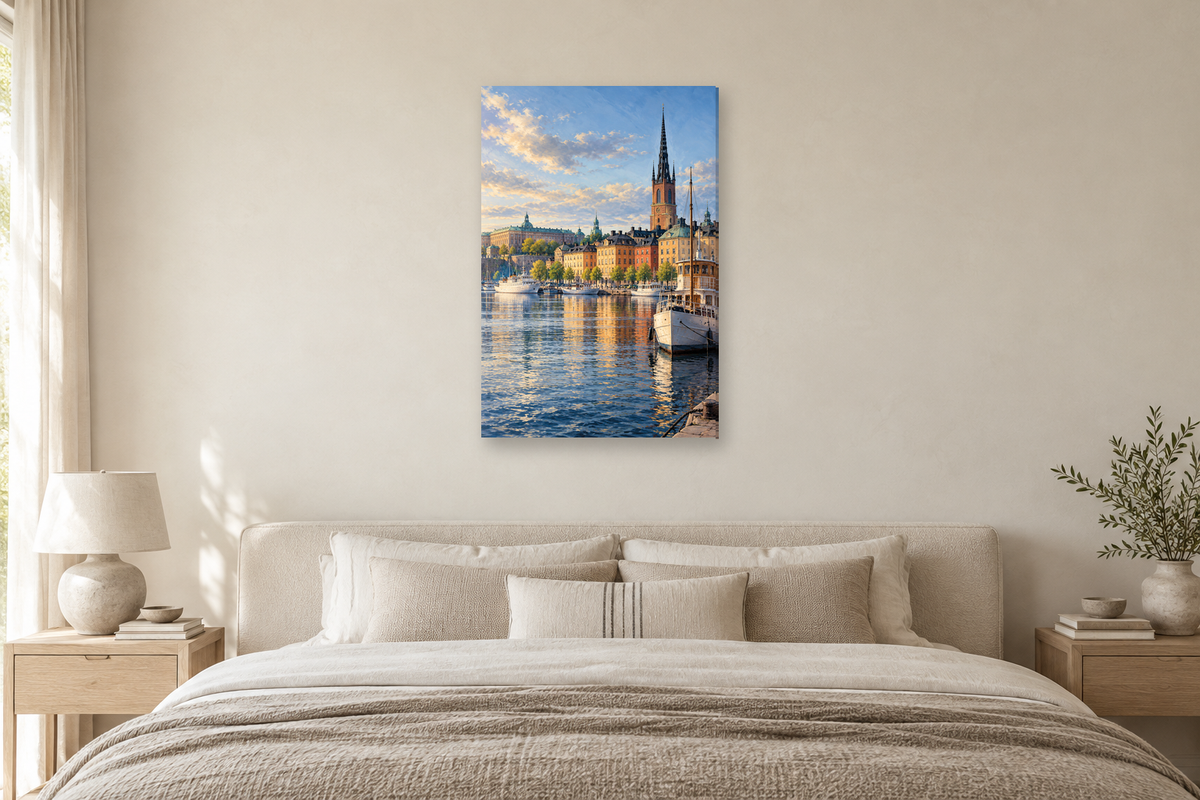 Stockholm Harbour in a bedroom — interior mockup with the complete original artwork