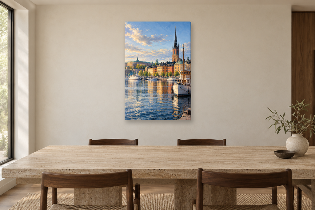 Stockholm Harbour in a dining room — interior mockup with the complete original artwork
