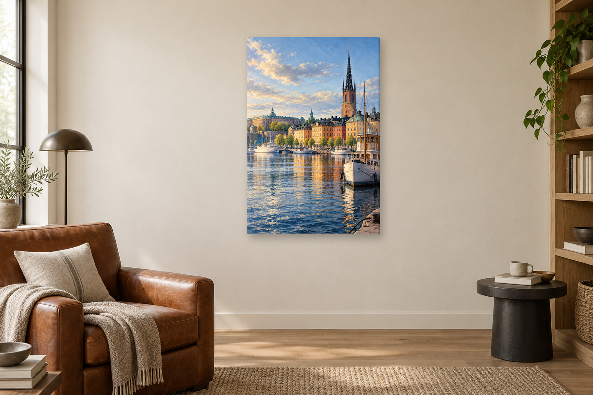 Stockholm Harbour in a reading corner — interior mockup with the complete original artwork