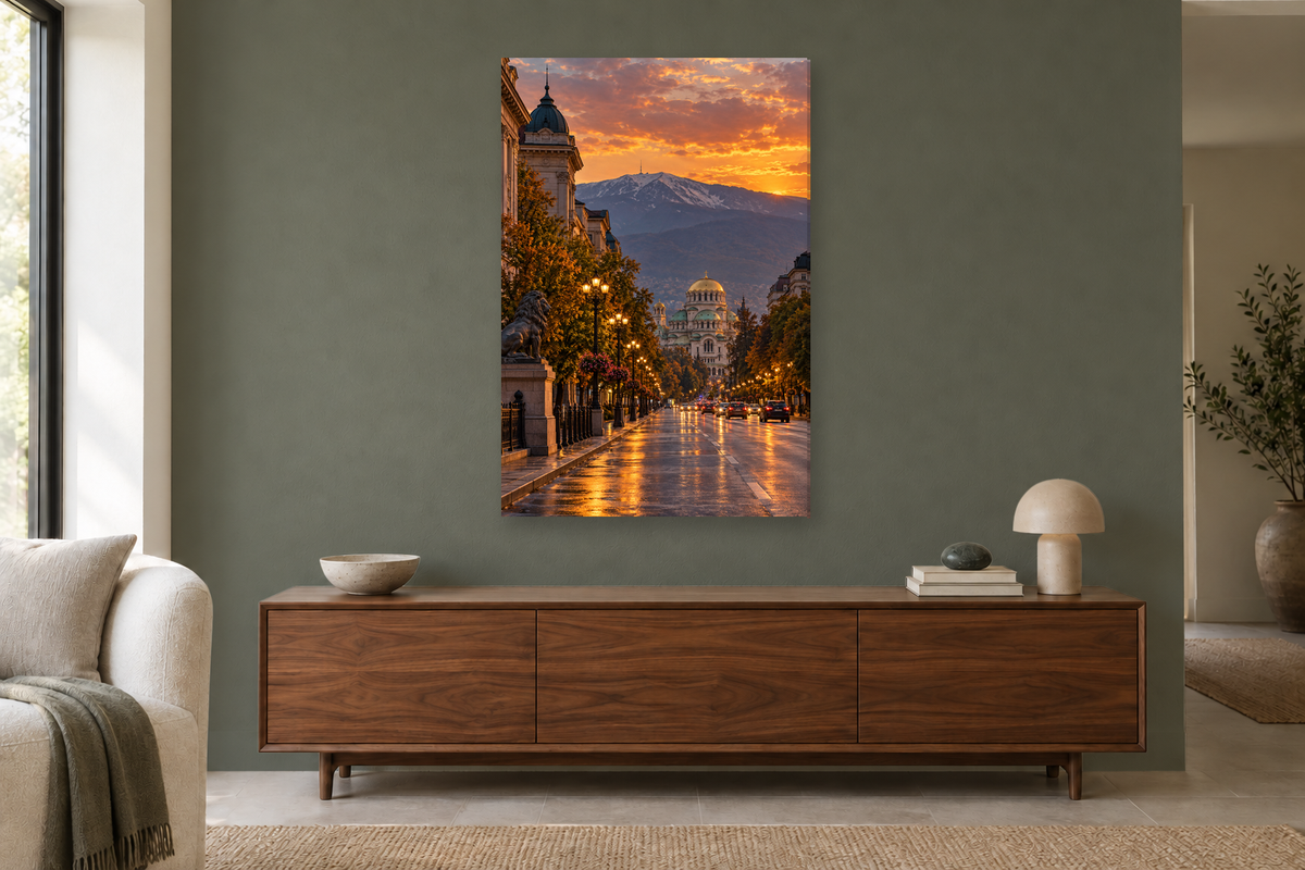 Sofia Evening in a living room — interior mockup with the complete original artwork